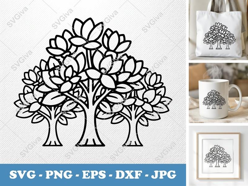 Magnolia Tree SVG | Modern Floral Outline Design | PNG EPS DXF | Cricut Silhouette Cut File | Flower Clipart Vector