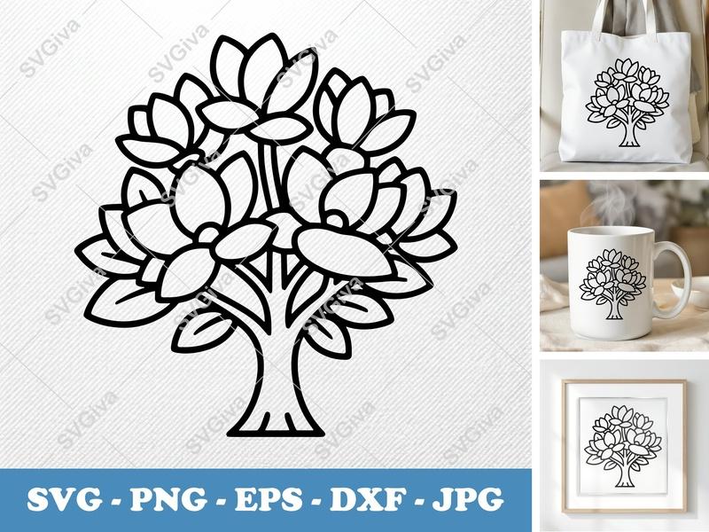 Magnolia Tree SVG | Modern Floral Outline Design | PNG EPS DXF | Cricut Silhouette Cut File | Flower Home Decor