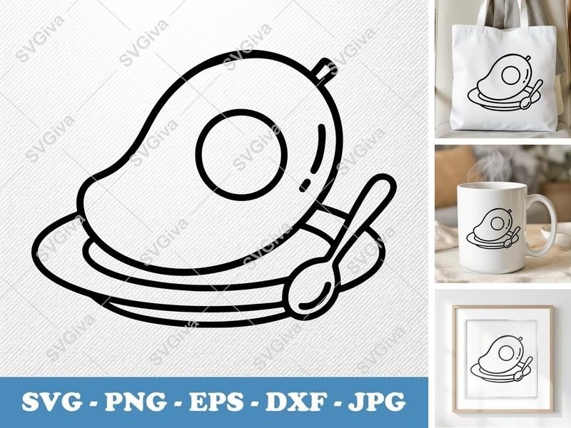 Mango SVG Cut File | Modern Fruit Outline, Plate & Spoon | PNG EPS DXF for Cricut & Silhouette | Kitchen Clipart Vector