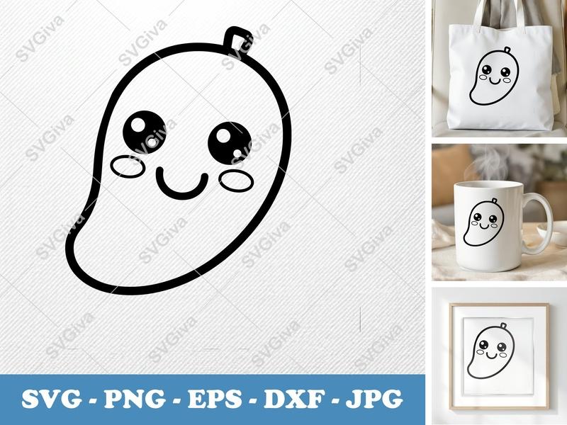 Mango SVG Kawaii Fruit Cut File | Cute Food Clipart | PNG EPS DXF for Cricut & Silhouette | Outline Design