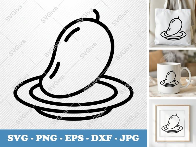Mango SVG, Modern Clean Fruit on Plate Line Art, PNG EPS DXF, Cricut Silhouette Cut File, Tropical Food Icon, Digital Download
