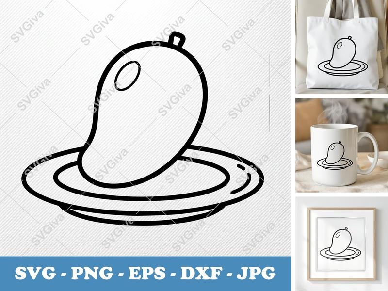 Mango SVG, Modern Fruit Outline, Plate Design, PNG EPS DXF for Cricut & Silhouette, Kitchen Decor Cut File