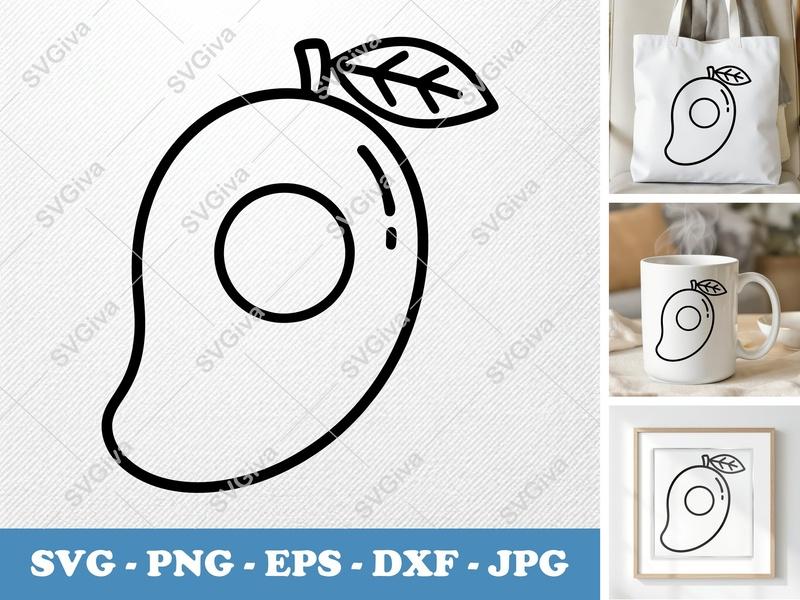 Mango SVG | Outline Fruit Cut File, Simple Modern Icon, Tropical Food PNG EPS DXF for Cricut & Silhouette Machines