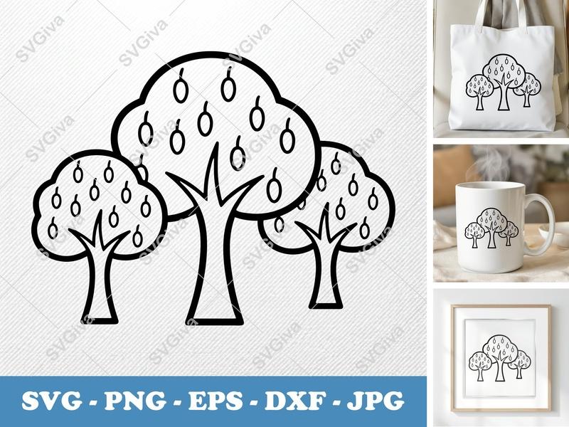 Mango Tree in a group SVG | Double Outline Trees, Fruit Clipart | PNG EPS DXF for Cricut Silhouette