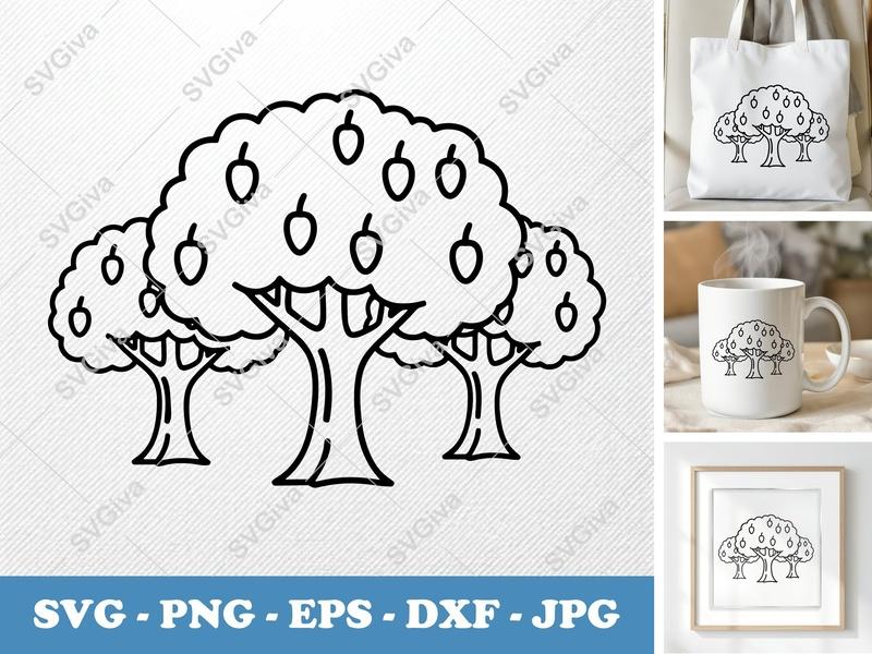 Mango Tree in a group SVG | Outline Clip Art, Fruit Tree Vector, PNG, EPS, DXF for Cricut, Silhouette, Nature Icon