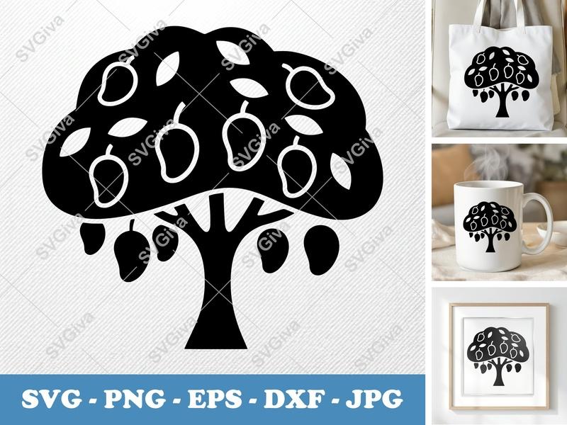 Mango Tree SVG | Modern Fruit Tree Clipart, Leaves, Outline Mangoes | PNG EPS DXF for Cricut, Silhouette, Vector Art