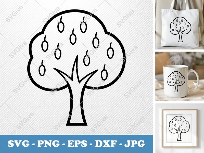 Mango Tree SVG | Outline Fruit Tree Clipart, Modern Design | PNG EPS DXF for Cricut, Silhouette | Tropical Plant Cut File