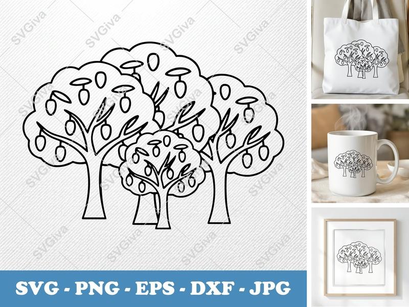 Mango Tree SVG | Outline Fruit Trees, Modern Farmhouse Clip Art | PNG EPS DXF for Cricut, Silhouette