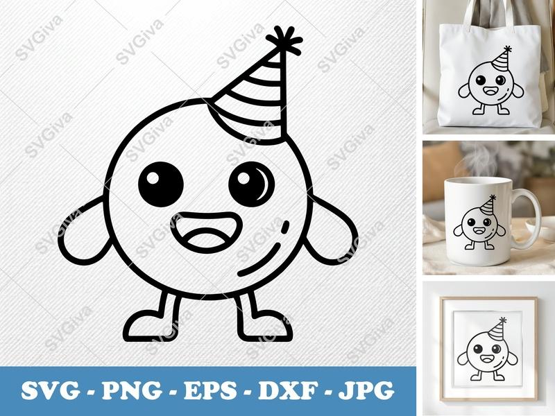 Meatballs SVG, Cute Cartoon Character with Party Hat, Outline Art for Cricut & Silhouette | PNG EPS DXF Cut Files