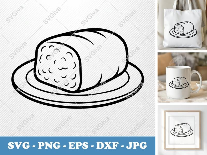 Meatloaf SVG, Loaf on Plate Cut File, Modern Kitchen Clipart, Food Outline PNG EPS DXF for Cricut Silhouette