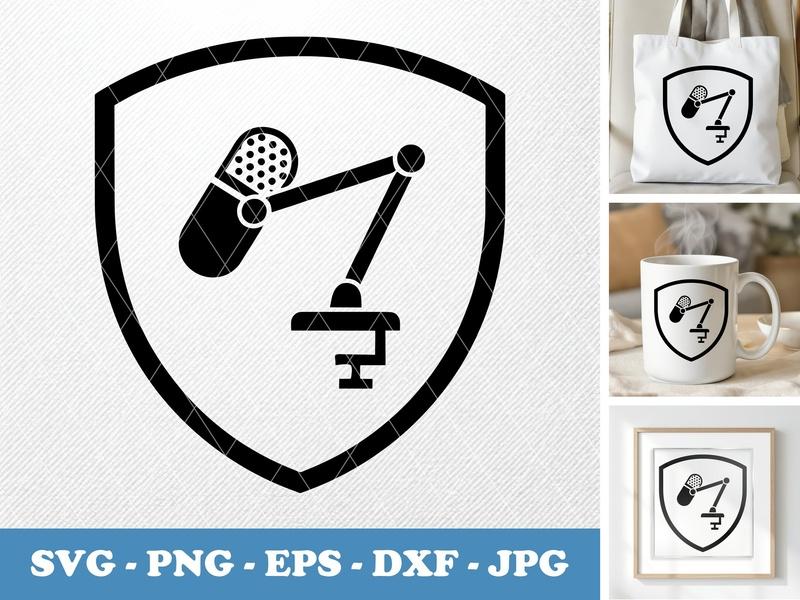 Microphone in side view profile SVG | Studio Mic Icon, Minimal Shield Frame | PNG EPS DXF for Cricut Silhouette