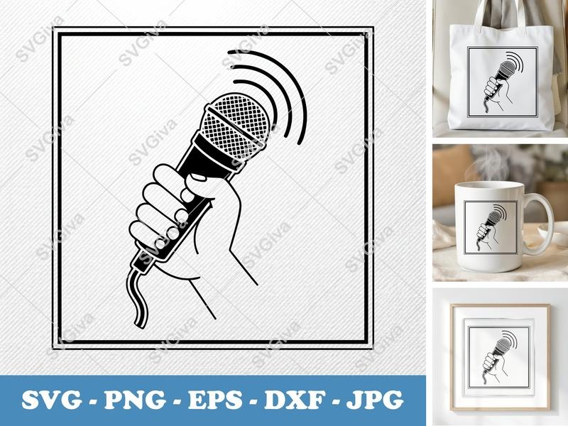 Microphone SVG | Hand Holding Mic Cut File | Sound Waves PNG EPS DXF for Cricut Silhouette