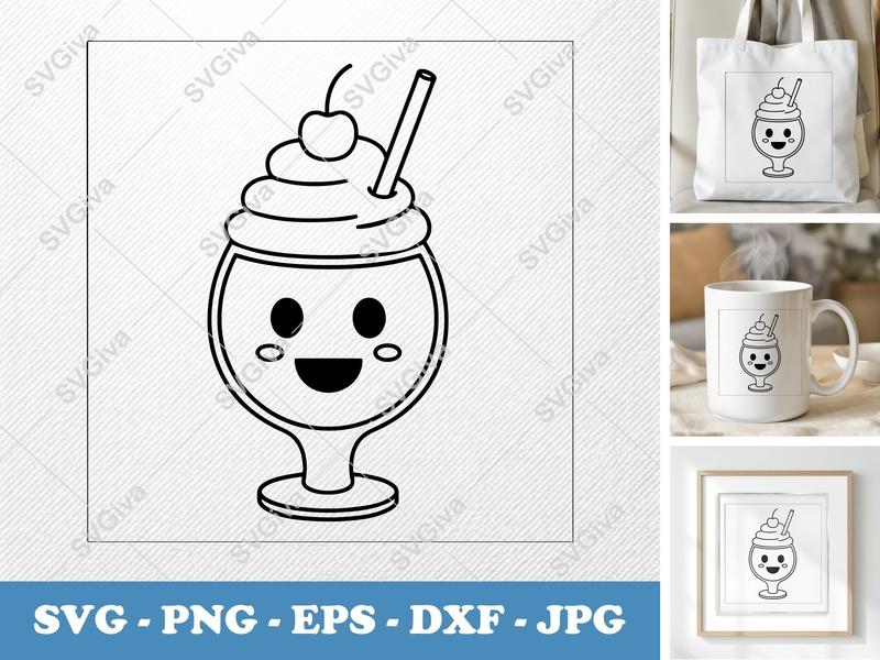 Milkshake Kawaii Face SVG | Cute Drink PNG, EPS, DXF Cut File for Cricut & Silhouette | Dessert Clipart Vector