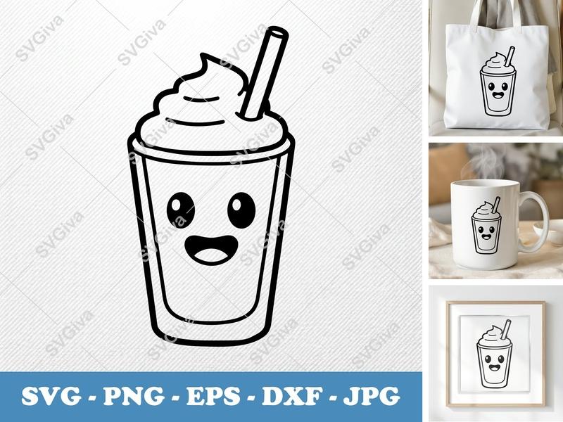 Milkshake SVG, Kawaii Drink Clipart, Cute Beverage Cut File, PNG, EPS, DXF for Cricut & Silhouette, Happy Face Design