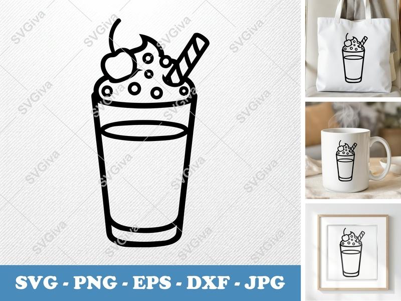 Milkshake SVG, Modern Drink Cut File, Cream Cherry Straw DXF, PNG, EPS for Cricut & Silhouette, Sweet Treat Vector Clipart