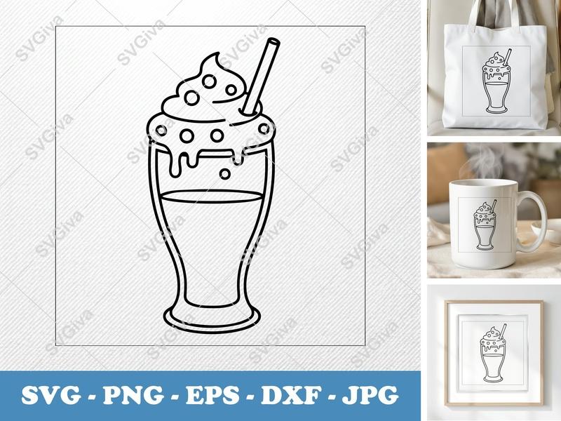 Milkshake SVG, Modern Drink Cut File with Whipped Cream & Straw | PNG EPS DXF for Cricut, Silhouette, Sweet Treat Vector