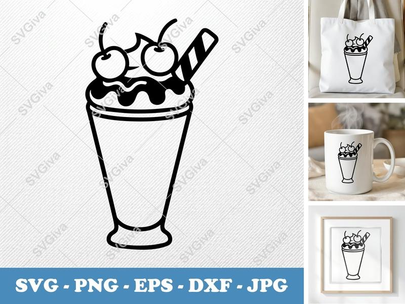 Milkshake SVG, Modern Drink Design with Cherries & Wafer | PNG EPS DXF | Cricut & Silhouette Cut File