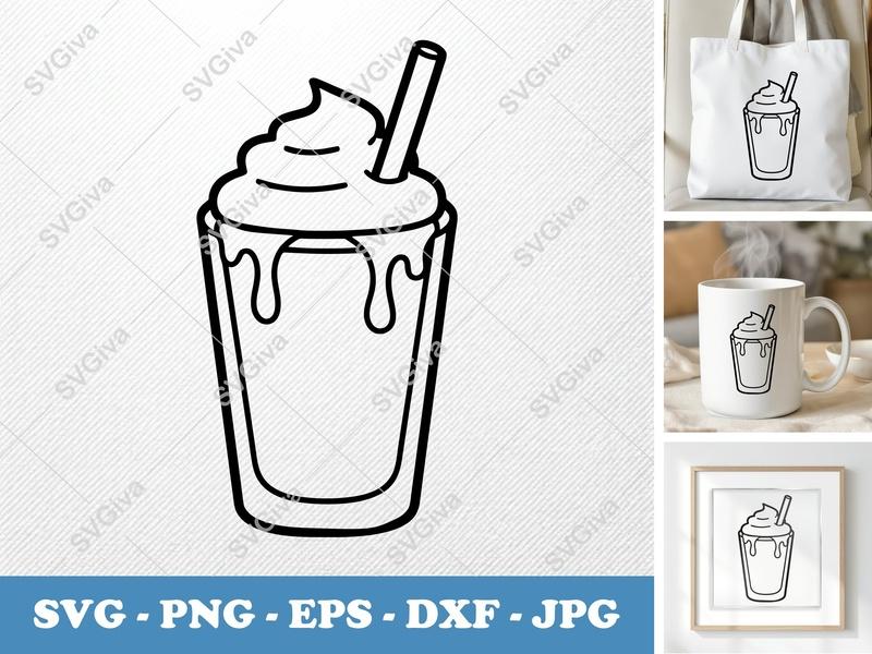 Milkshake SVG, Modern Drink Outline, Whipped Cream & Straw, PNG EPS DXF for Cricut | Silhouette Cut File, Beverage Clipart