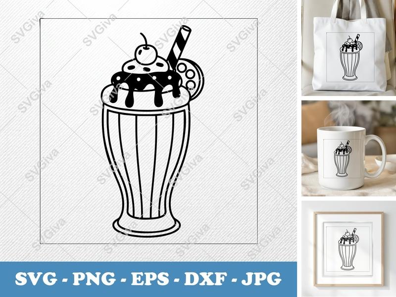 Milkshake SVG | Modern Retro Drink, Cherry, Whipped Cream | PNG EPS DXF for Cricut, Silhouette | Sweet Treat Cut File