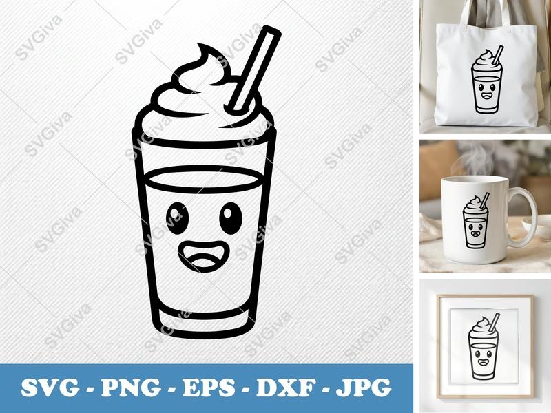 Milkshake with Smiling Face SVG PNG DXF EPS | Drink Cut File Cricut Silhouette | Cute Beverage Vector