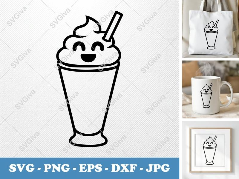 Milkshake with Smiling Face SVG, Puffy Pillow Soft Cut File | PNG DXF EPS | Cricut Silhouette Design