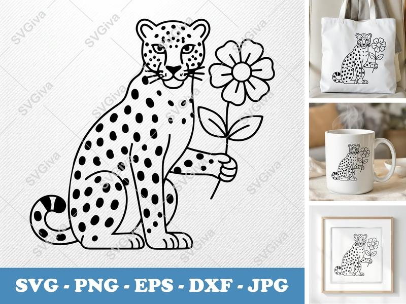 Modern Leopard & Floral Line Art SVG, PNG, DXF, EPS for Cricut & Silhouette Crafting