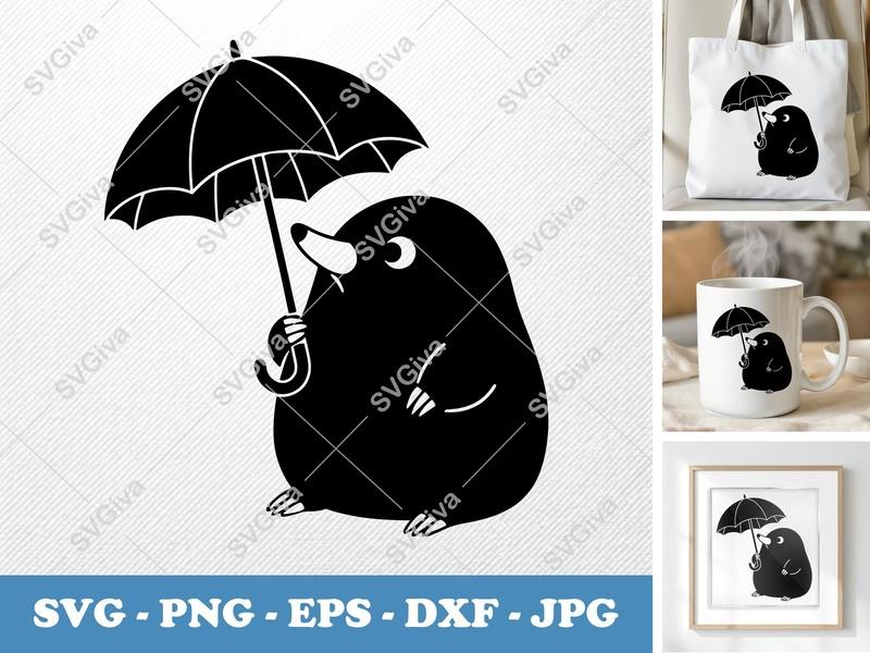 Mole Holding Umbrella SVG | Puffy Soft Shapes | Inflated Pillow-Soft Forms PNG DXF EPS | Cricut Silhouette File
