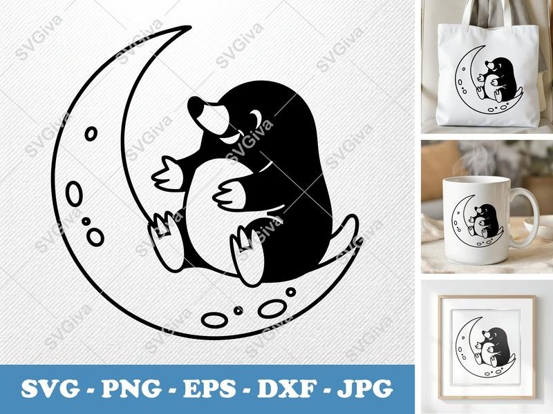 Mole on Moon SVG, Cartoon Animal PNG, EPS, DXF Cut File for Cricut & Silhouette, Modern Clean Design Vector Clipart