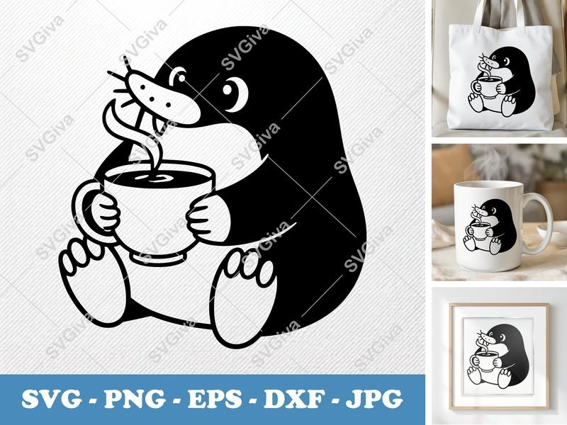 Mole SVG, Coffee Cup Cut File, Kawaii Animal Design, PNG EPS DXF for Cricut & Silhouette, Cute Cartoon Mole Art