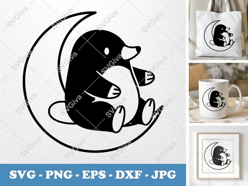 Mole SVG Cut File | Cute Mole on Moon Clipart | Animal Vector | PNG EPS DXF for Cricut, Silhouette