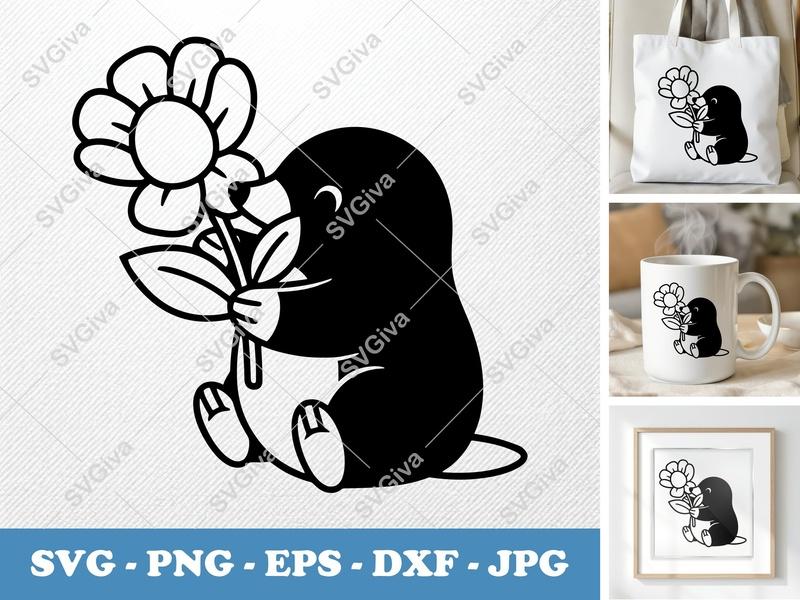 Mole SVG Cut File, Cute Mole with Flower PNG, EPS, DXF for Cricut, Silhouette, Animal Clipart Vector Design