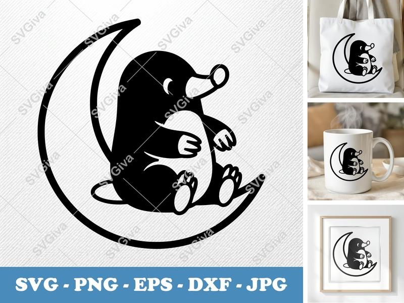 Mole SVG Cut File | Cute Woodland Animal on Moon | PNG EPS DXF for Cricut & Silhouette | Modern Digital Design