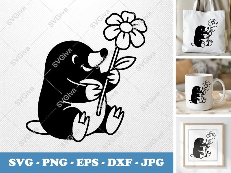 Mole SVG Cut File, Modern Clean Design, Holding Flower | PNG EPS DXF for Cricut & Silhouette | Animal Clipart | Outline Vector
