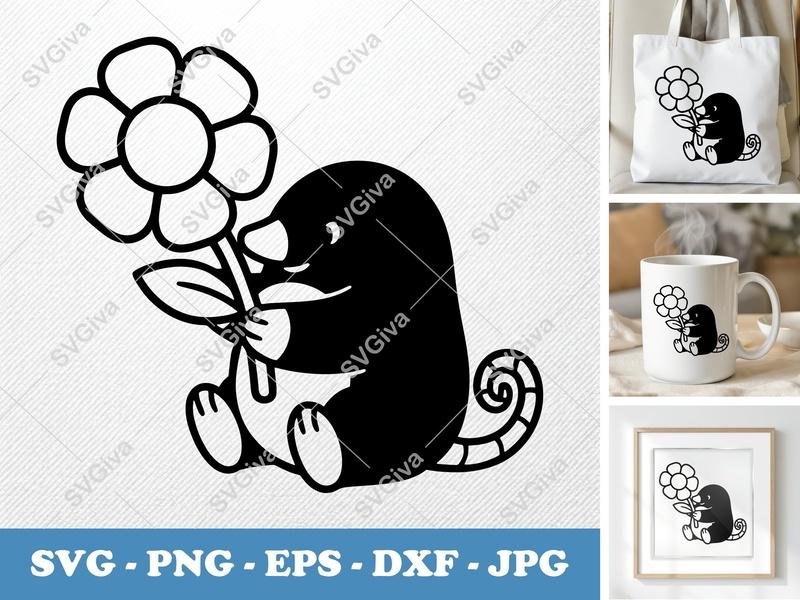 Mole SVG | Cute Animal with Flower | Modern Design | Cricut, Silhouette | PNG, EPS, DXF Cut File | Cartoon Critter Graphic