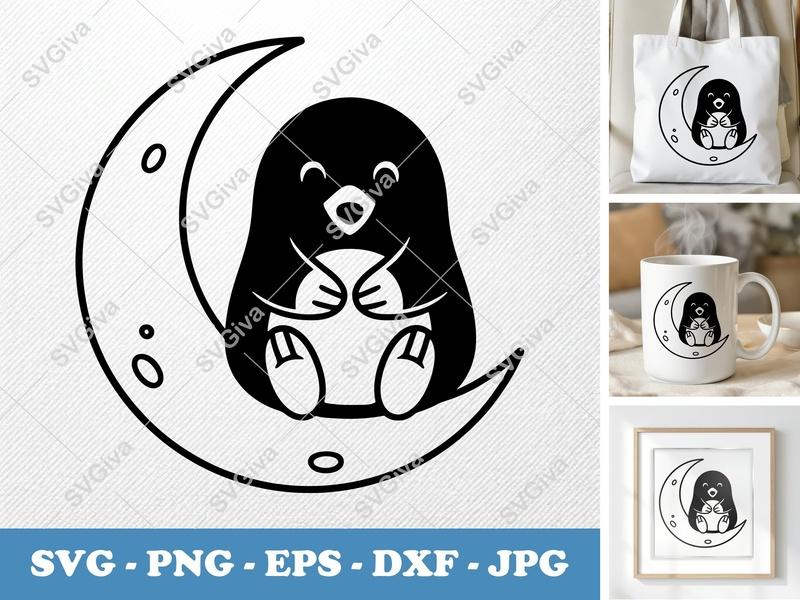 Mole SVG | Cute Cartoon Animal on Moon | Black & White Clip Art PNG EPS DXF for Cricut, Silhouette, Crafting