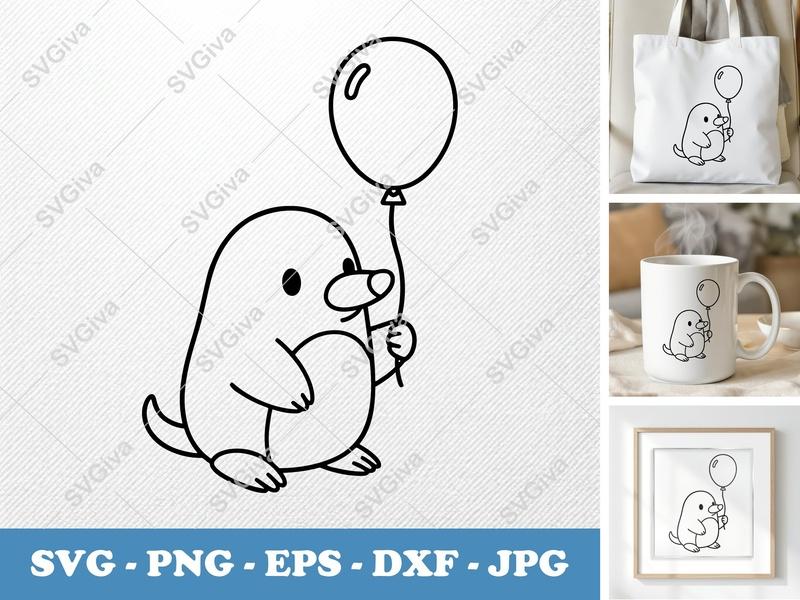 Mole SVG | Cute Cartoon Animal with Balloon | Line Art Clipart | PNG EPS DXF | Cricut Silhouette File