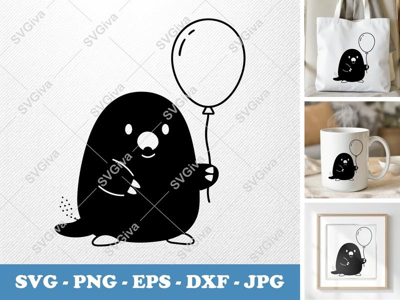 Mole SVG | Cute Cartoon Animal with Balloon | PNG EPS DXF for Cricut, Silhouette | Modern Design Clipart