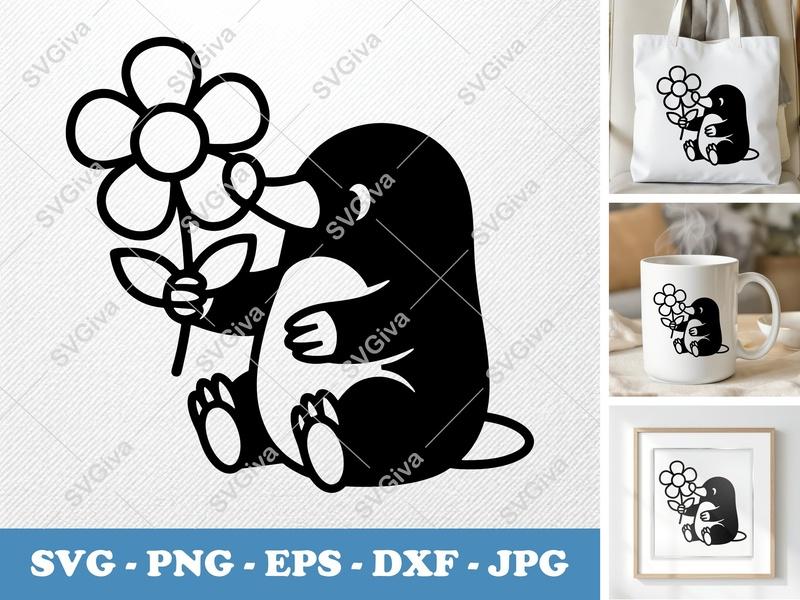 Mole SVG | Cute Cartoon Animal with Flower | Digital Cut File for Cricut & Silhouette | PNG EPS DXF Vector Clipart