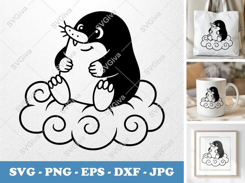 Mole SVG | Cute Cartoon Mole on Cloud | Digital Download | PNG EPS DXF for Cricut, Silhouette