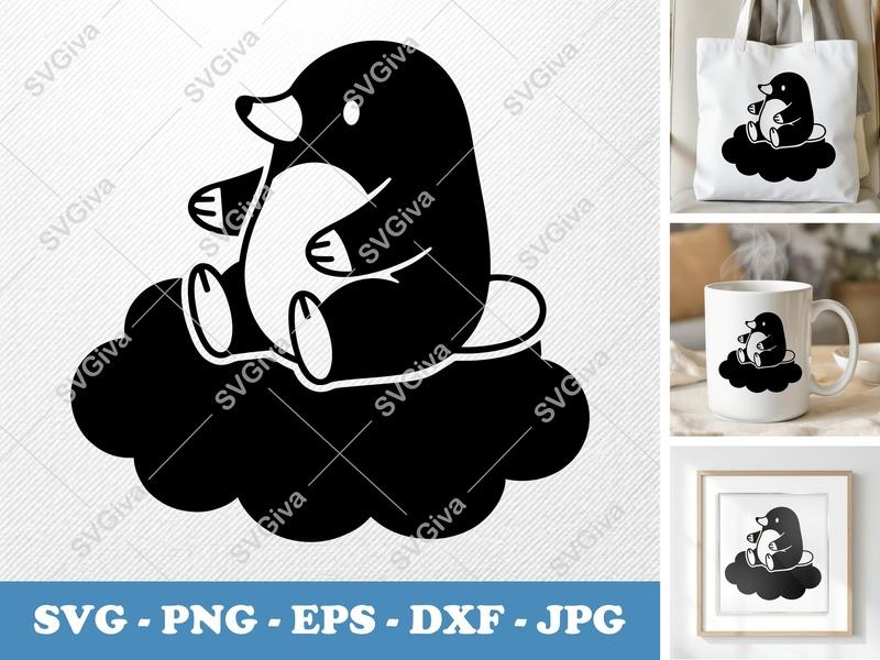 Mole SVG, Cute Minimalist Animal Cut File, Sitting on Cloud, Digital Design PNG EPS DXF for Cricut Silhouette
