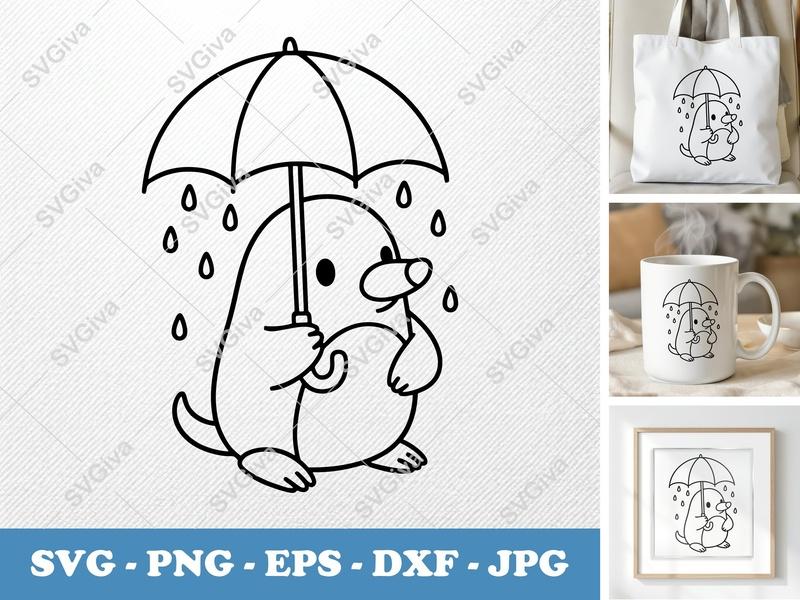 Mole SVG | Cute Umbrella Raindrop Cut File | PNG EPS DXF | Cricut Silhouette | Animal Clipart | Modern Outline Design