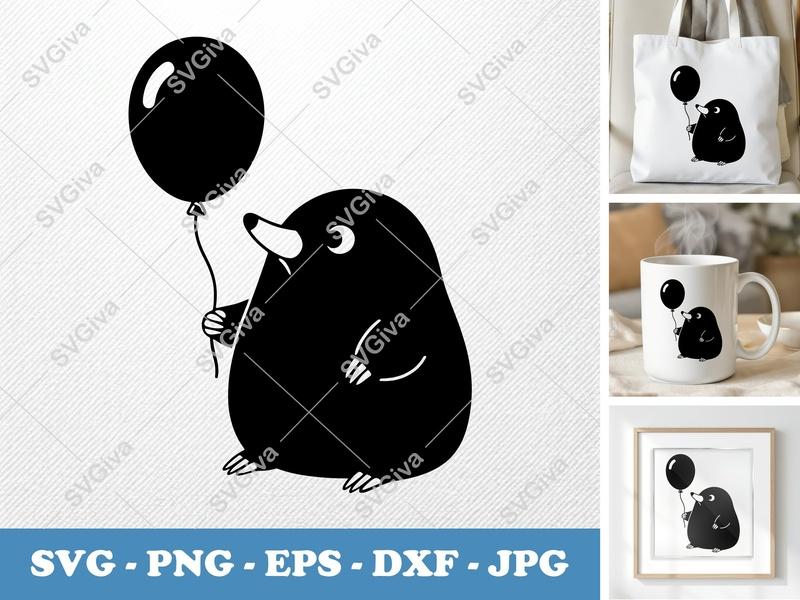 Mole with Balloon SVG | Puffy Cartoon Critter Cut File | Inflated Style PNG DXF EPS | Cricut Silhouette Ready