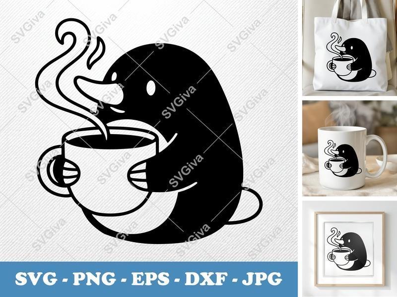 Mole with Coffee Cup SVG | Puffy Inflated Shapes Cut File | PNG DXF EPS | Cricut Silhouette Ready
