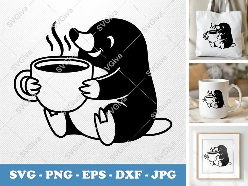 Mole with Coffee SVG | Cute Cartoon Animal PNG EPS DXF | Cricut Silhouette File | Coffee Lover Design