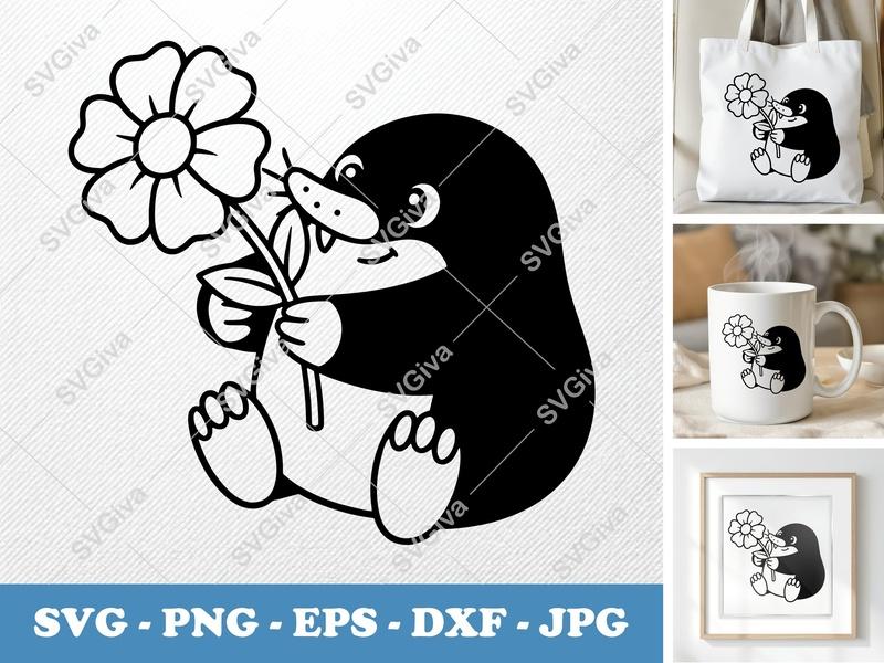Mole with Flower SVG | Cute Animal Clipart | PNG EPS DXF for Cricut & Silhouette | Modern Clean Design | Cartoon Character