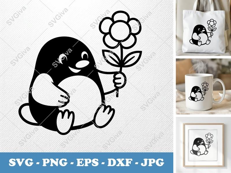 Mole with flower SVG PNG DXF EPS | Cute Animal Cut File for Cricut Silhouette | Garden Nature Vector Art