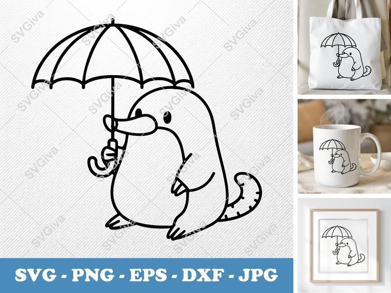 Mole with Umbrella SVG | Cute Animal PNG EPS DXF | Cricut Silhouette Cut File | Modern Cartoon Clipart Vector