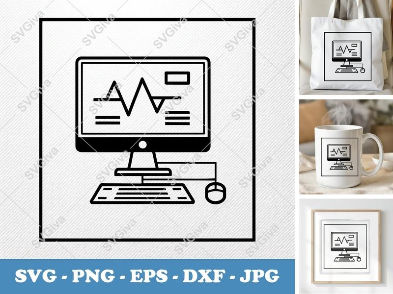Monitor in active use SVG | Computer Icon, Double Outline, Keyboard, Mouse | PNG EPS DXF for Cricut Silhouette