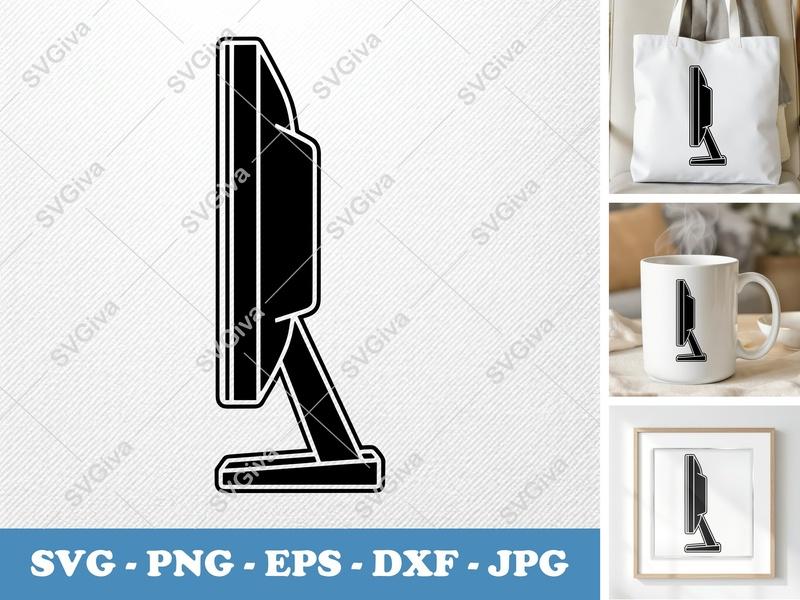 Monitor in side view profile SVG | Solid Black Fill, White Contour Line | PNG EPS DXF for Cricut Silhouette
