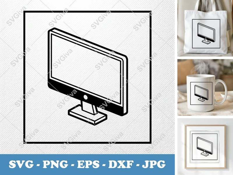 Monitor isometric angle SVG | Double Outline Monitor Icon | Basic Computer Screen PNG DXF EPS | Cricut Silhouette Cut File